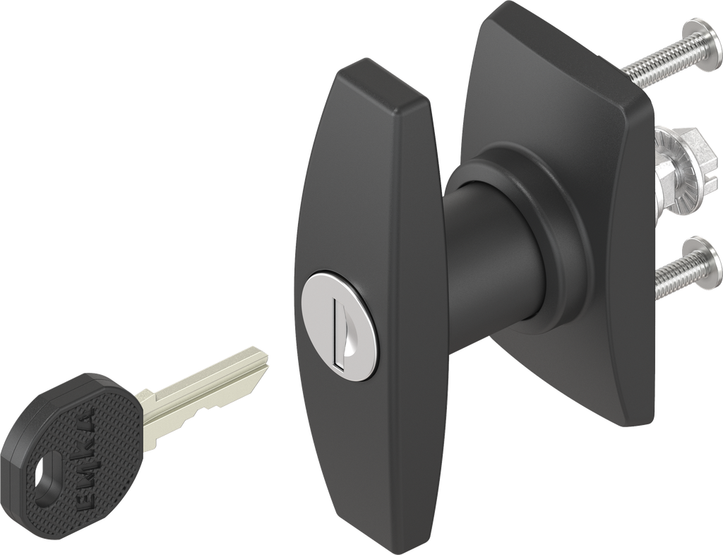 Escutcheon short with T-handle, keyed different, Polyamide black and zinc die black powder-coated