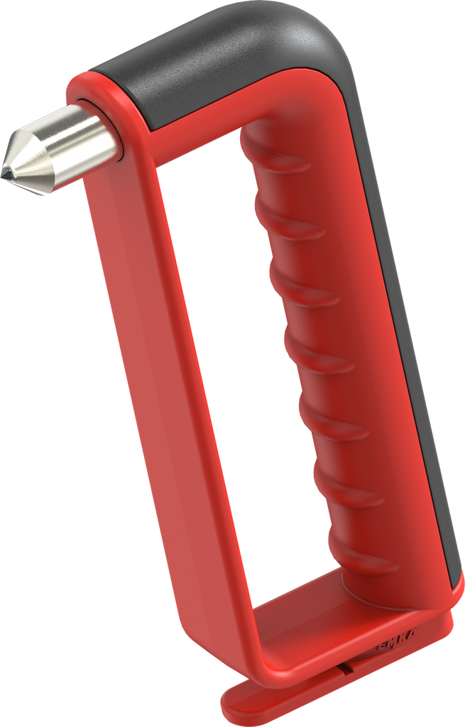 Emergency hammer with hand protection and belt cutter, acier et polyamide rouge