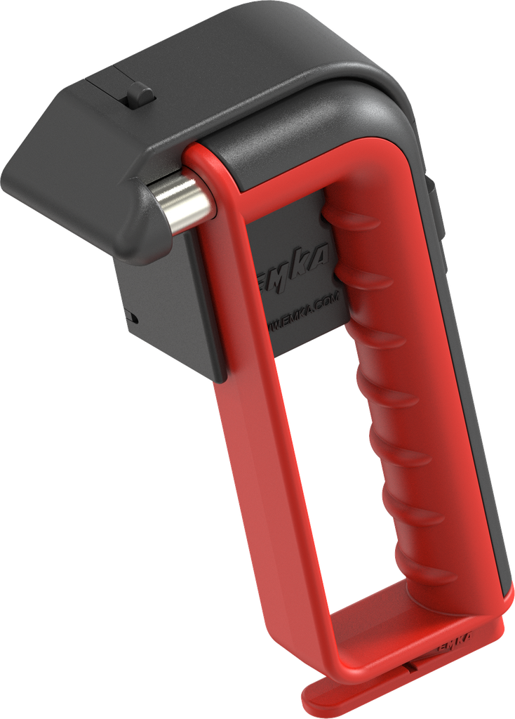 Emergency hammer with hand protection, belt cutter and holder with theft protection, Steel and poylamide red