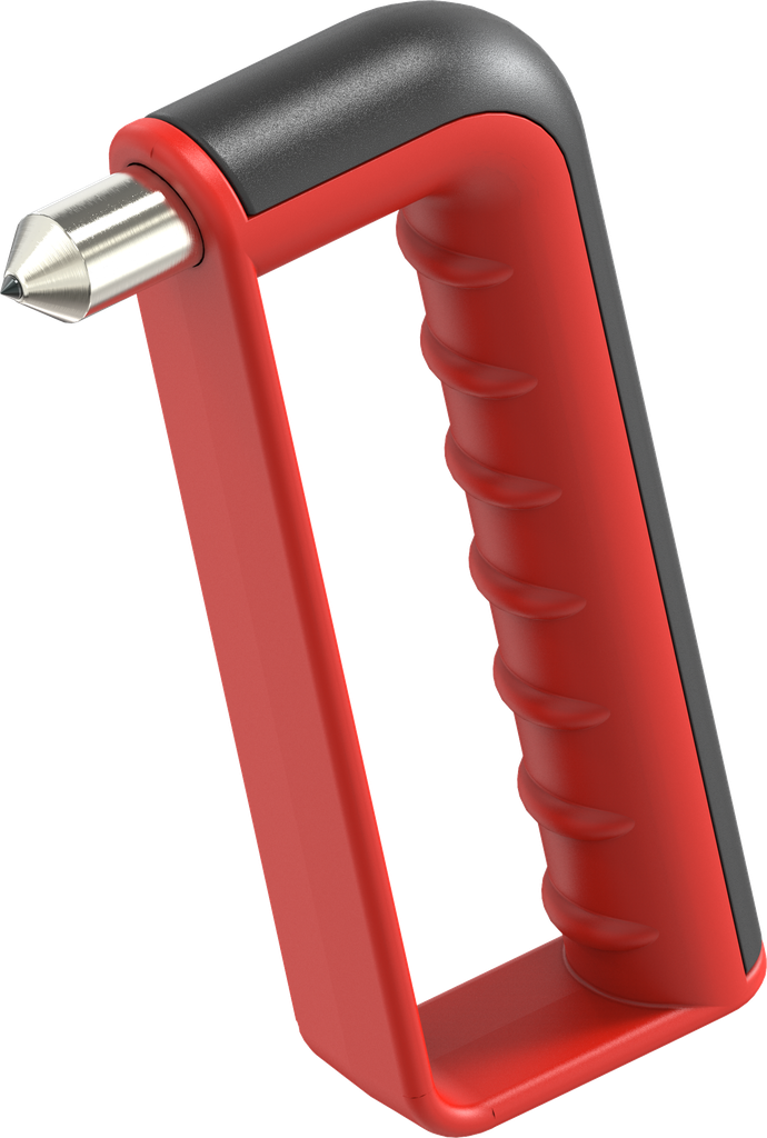 Emergency hammer with hand protection, acier et polyamide rouge