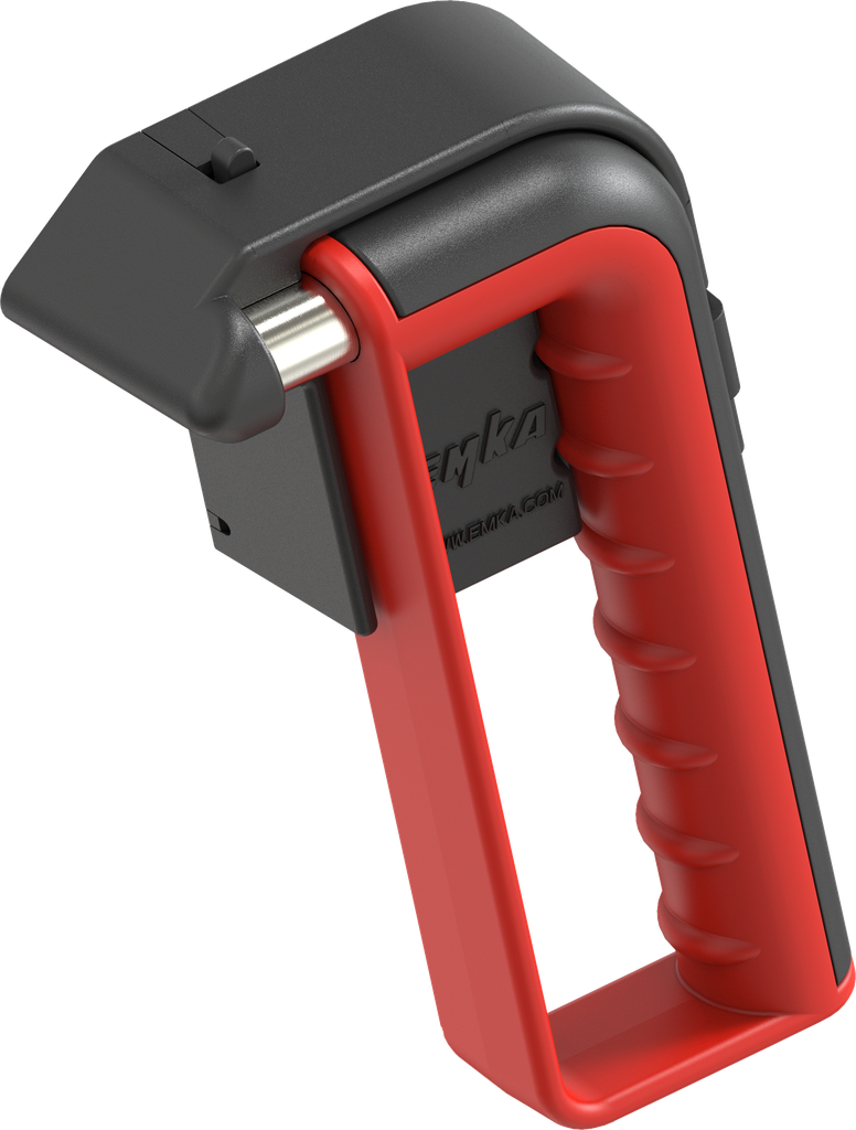 Emergency hammer with hand protection and holder with theft protection, Steel and poylamide red