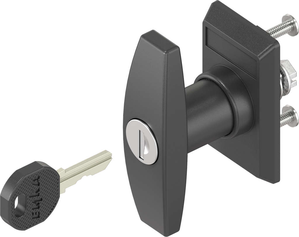 Escutcheon with T-handle, keyed different, Polyamide black and zinc die black powder-coated