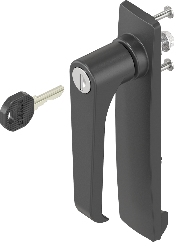 Escutcheon long with L-handle, keyed EK 333, Polyamide black and zinc die black powder-coated